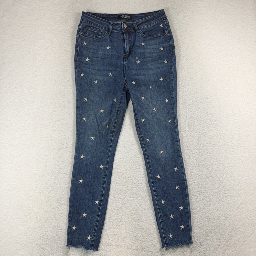 Judy Blue Womens Jeans Size 9/29 (28.5x27) Skinny Fit Embroidered Stars Frayed